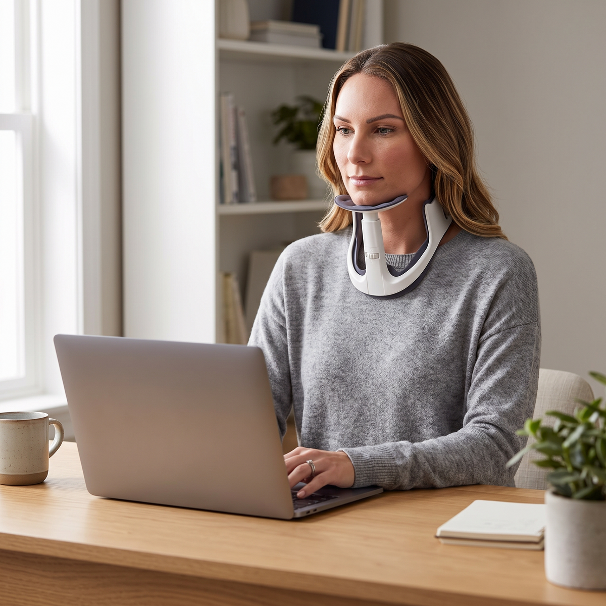 A man working at his laptop wearing NAPE, head level