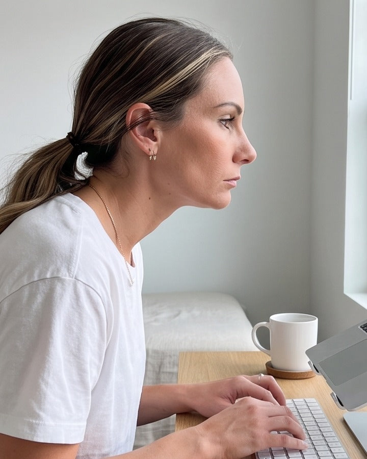 Before: working at a desk without NAPE, head leaning forward